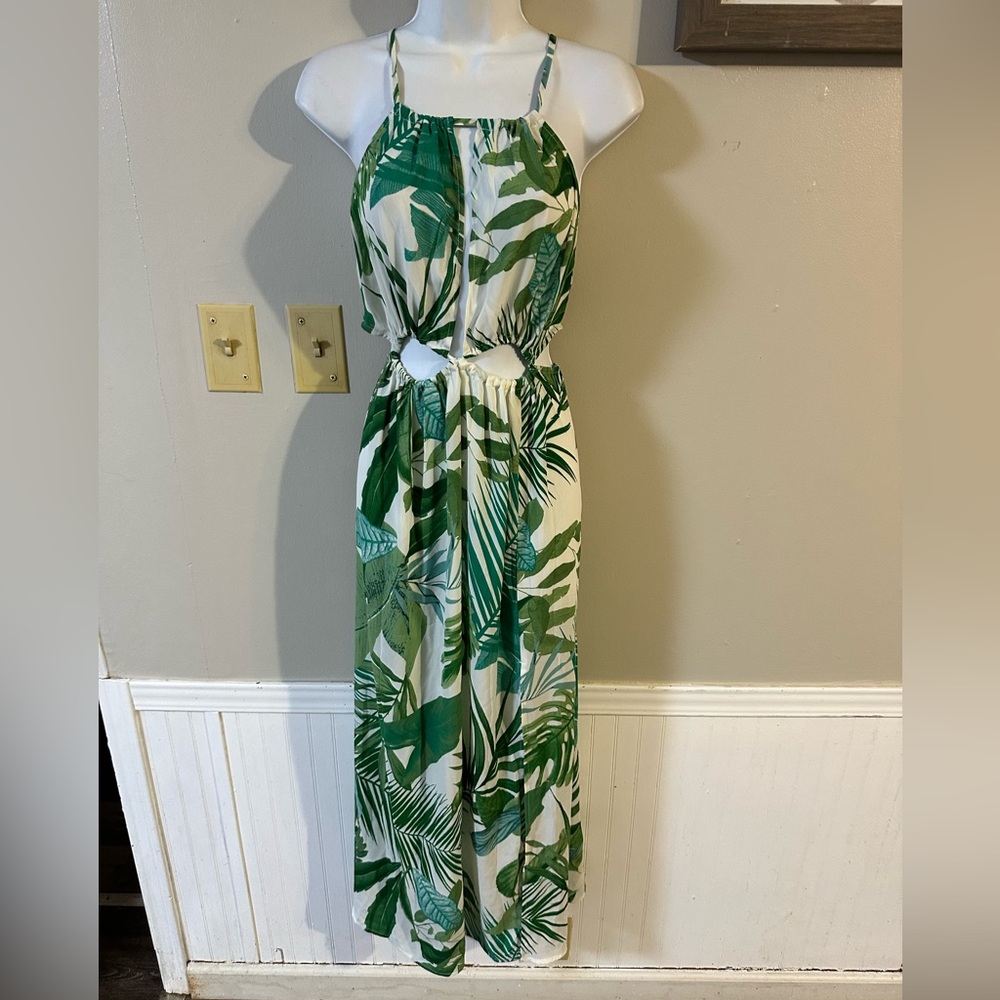 Tropical Green Leaf Print Maxi Dress
